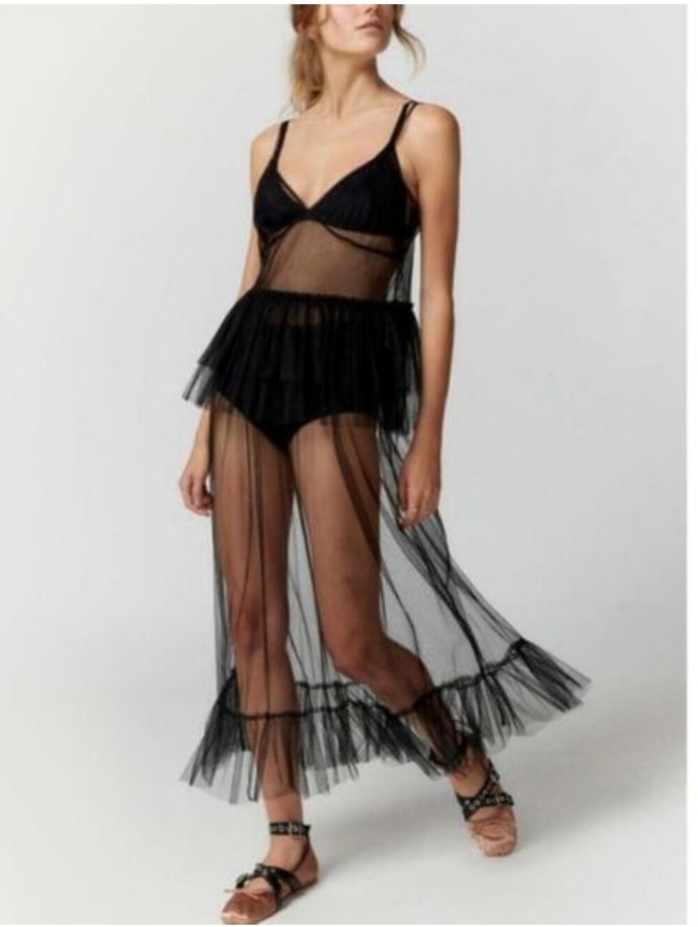 UO Aida Sheer Mesh Ruffle Midi Dress